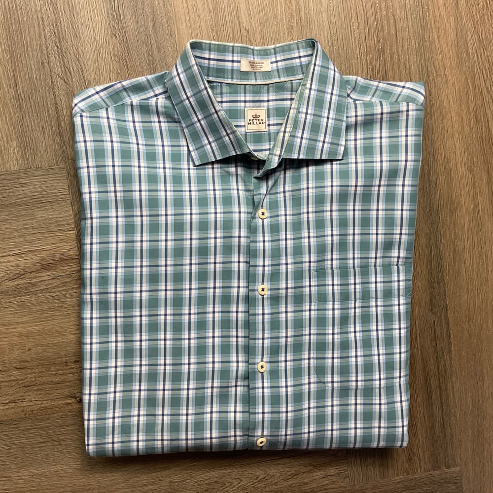 Peter Millar Shirt Mens XL Green Blue Plaid Check 100% Cotton Button Down Golf